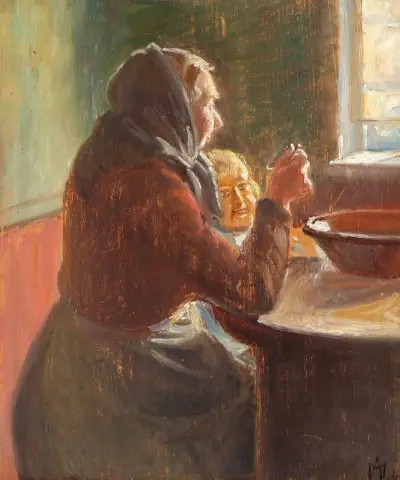 室内有一个女人和一个孩子 1916