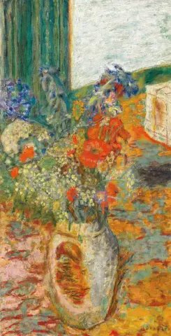 Blumen in einem Steinzeugtopf oder Feldblumen im Innenbereich, ca. 1939