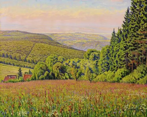 Rheinlandlandschaft mit blühenden Feldern 1929