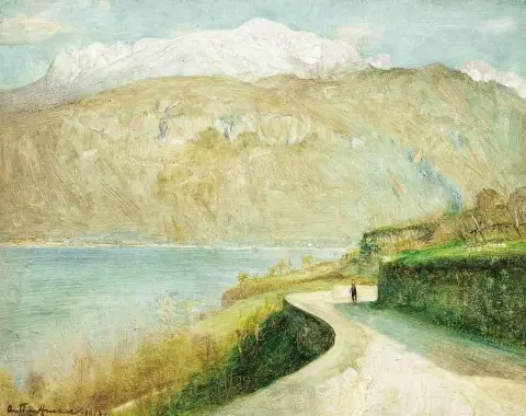 Figur, die am Ufer des Comer Sees, Italien, 1913 geht