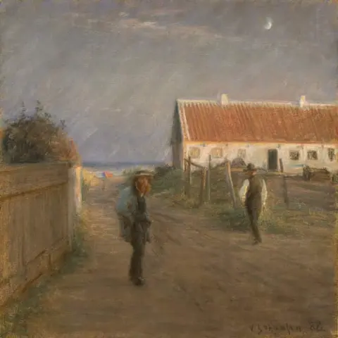 Menschen auf einem Bauernhof am Stadtrand von Skagen Osterb