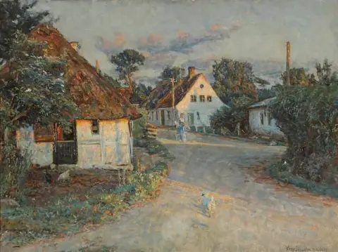Вид с дороги в Соби с велосипедистом под вечерним солнцем, 1916 год.