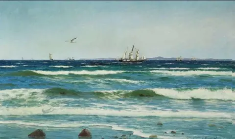 Meereslandschaft mit zahlreichen Segelschiffen auf Öresund 1885