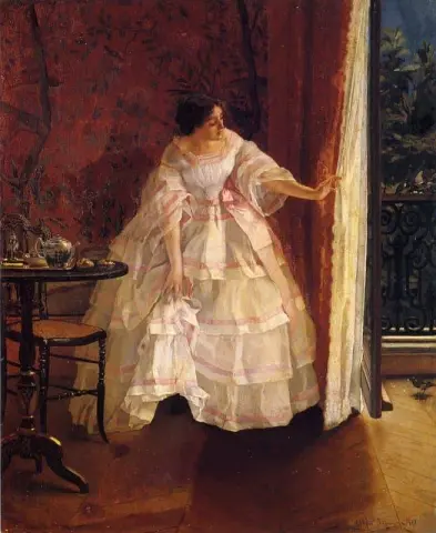 Дама у окна, кормящая птиц, около 1859 г.