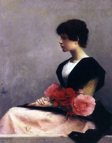 Nuori tyttö istuu pitelee kukkia käsivarsissaan Tyttö istuu kukkien kanssa sylissään 1889