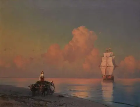 En okse-trukket vogn på bredden og en svømmer på grunnen 1868