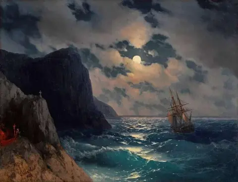Passerende skip på en måneskinn natt 1868