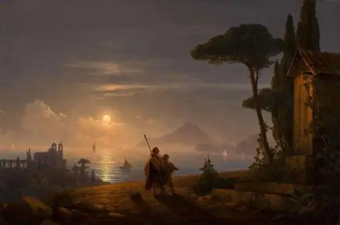 Utsikt over Pozzuoli-bukten på en måneskinn natt med øyene Nisida og Ischia i bakgrunnen fullmåne 1844