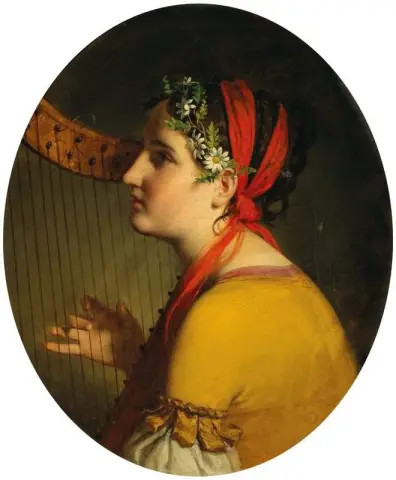Portrett av en dame med harpe og tusenfryd i håret