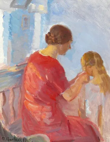A Mother Plaiting Her Daughter S Hair 1915