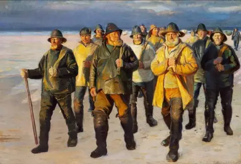 Fishermen Homeward Bound From The Beach. Evening Sun