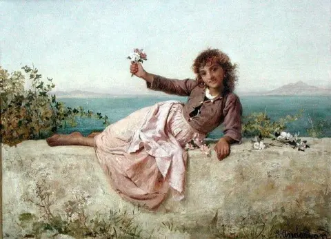 بائع زهور في كابري، إيطاليا، حوالي عام 1875
