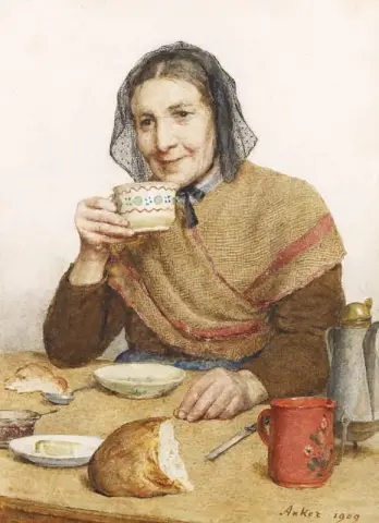 Sitting Peasant Woman Holding A Cup In Her Hand