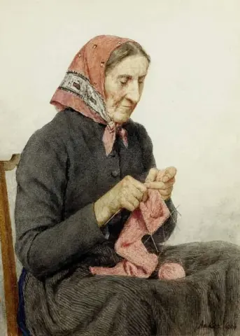 Sitzende Bauerin Beim Stricken 1904