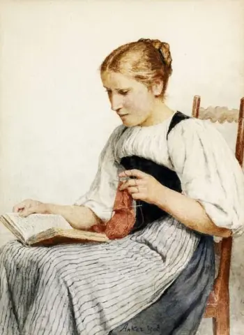 Strickendes Madchen Beim Lesen 1907