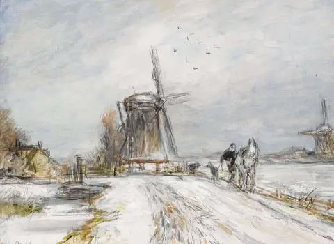 Eine Windmühle in einer Winterlandschaft