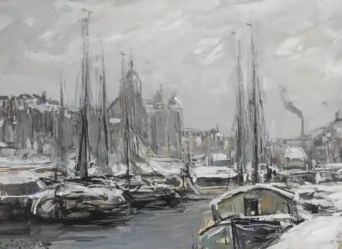 Schneebedeckte Boote in Amsterdam