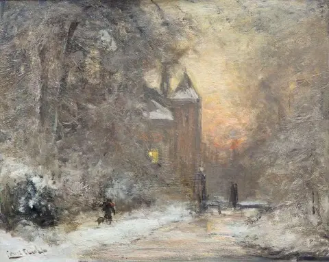 Winterlandschaft, Mit, A, Schloss, Entlang, A, Fluss, Bei, Sunset