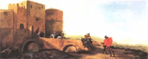 "Jinetes galopando hacia la puerta de un castillo"