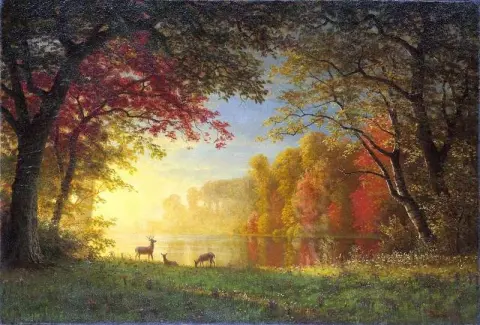 Indischer Sonnenuntergangshirsch an einem See, 1880er Jahre