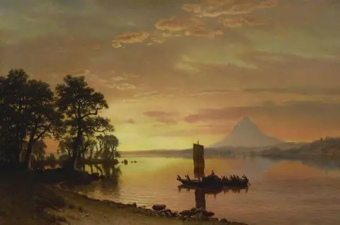 Indianer am Columbia River mit Mount Hood in der Ferne 1867