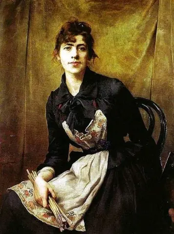 Omakuva esiliinalla ja harjoilla 1887