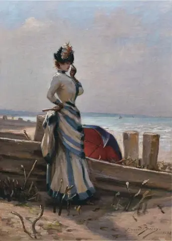 Tyylikäs nainen meren rannalla 1888