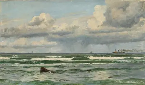 Havslandskap med segelfartyg och en ångbåt utanför Hirtshals kust 1912