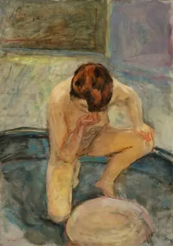 Naakte gouden gehurkte vrouw in badkuip, 1913