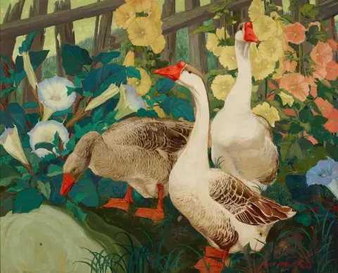 나팔꽃과 접시꽃과 함께 있는 거위 1932