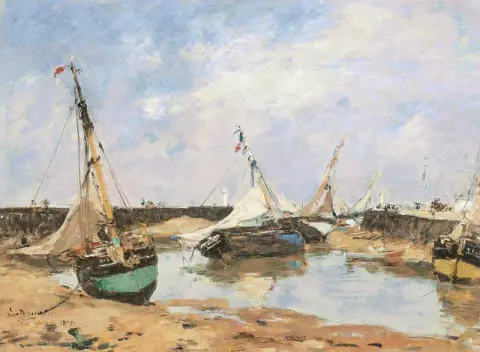Trouville. Zwischen den Piers gestrandete Boote 1877