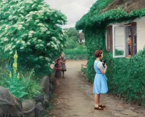 여름날 창가에 새끼 고양이와 노파가 있는 아이들 1936