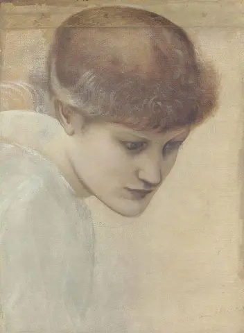 Hovedstudie av Dorothy Dene som ser nedover etter den gylne trappen ca. 1875