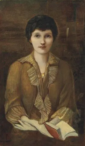 Portrett av Lady Elizabeth Lewis trekvartlengde med en bok i fanget
