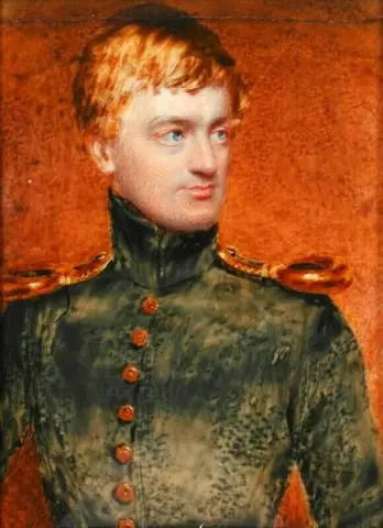 Ein Miniaturporträt eines Offiziers im schwarzen Mantel mit Stehkragen, goldenen Knöpfen und Epauletten, 1839