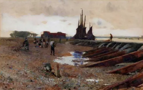 Strandscen Med Fisher Folk På Stranden Möjligen Frankrike