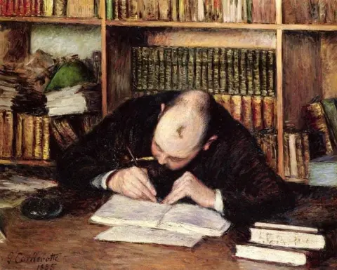Portret van een man die in zijn studeerkamer schrijft, 1885