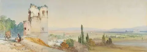 圣乔瓦尼门 (Porta San Giovanni) 眺望乡村对面的克劳迪安渡槽 (Claudian Aqueduct)，1863 年
