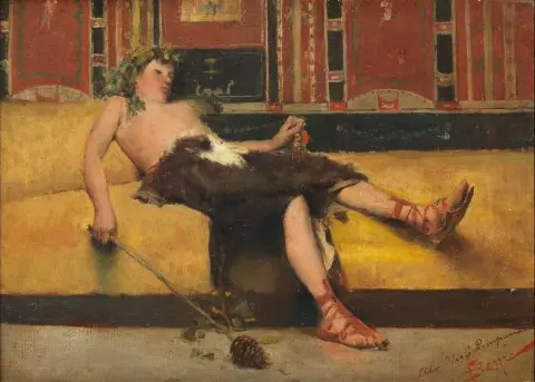 Bacchante, jolla on thyrsus makuuasennossa klassisessa sisustuksessa