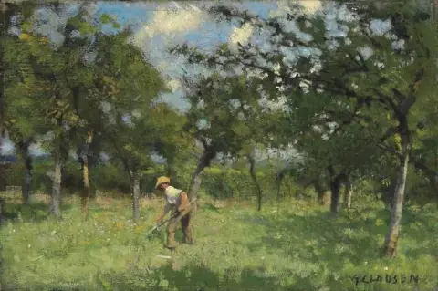 En Man Scything I En Fruktträdgård