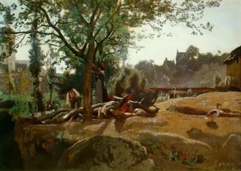 Contadini sotto gli alberi all'alba