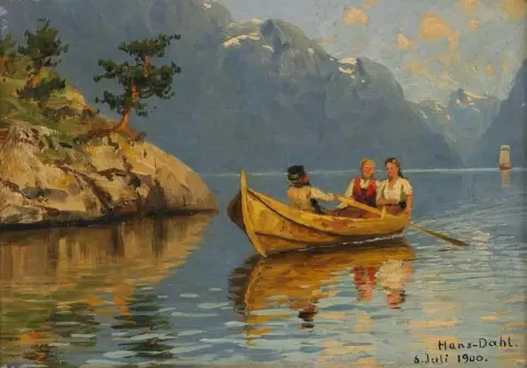 Fjordlandskap Med Sallskap I Roddbat 1900