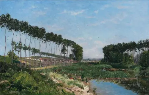 Et trekantet elvelandskap En landsby utover 1896