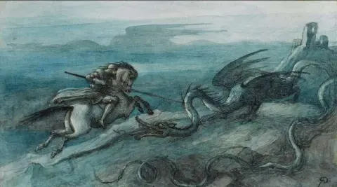 Knight On Horseback Attacking Large Dragon