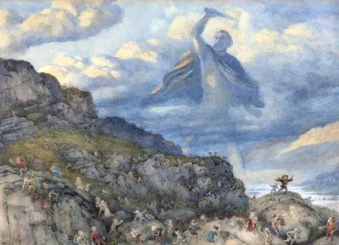 Der Gott Thor vertreibt die Zwerge aus Skandinavien, indem er 1878 seinen Hammer auf sie wirft