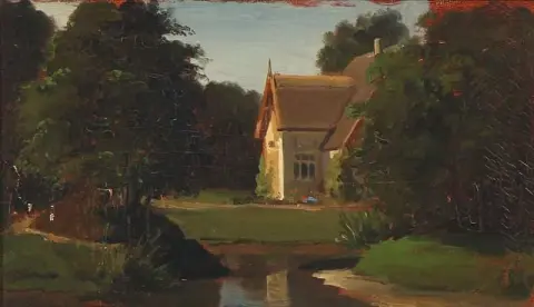 Utsikt över Jerichaus hus vid kustvägen Strandvejen norr om Köpenhamn 1868