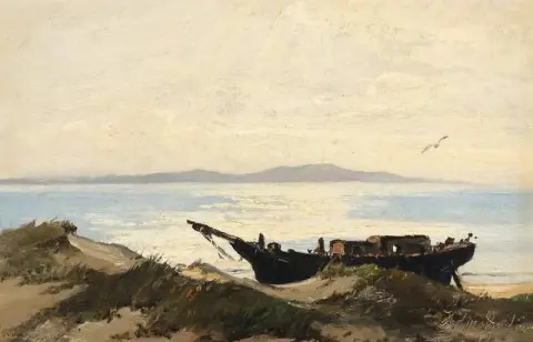 Kustscen med skepp som drogs i land 1887
