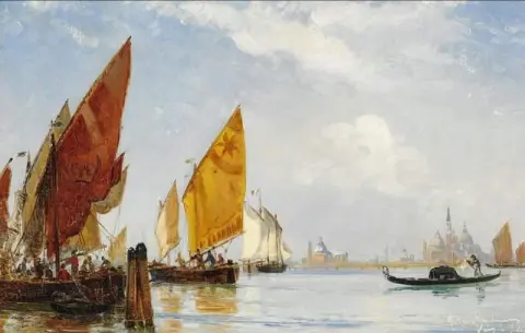 Fiskefartyg och gondol i den venetianska lagunen 1884