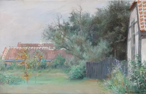 Från trädgården framför Drachmanns hus Villa Pax i Skagen 1908