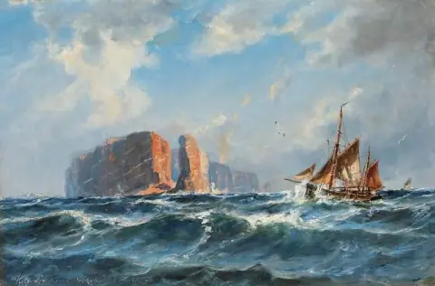 Havslandskap med segelfartyg utanför Helgolands kust 1892